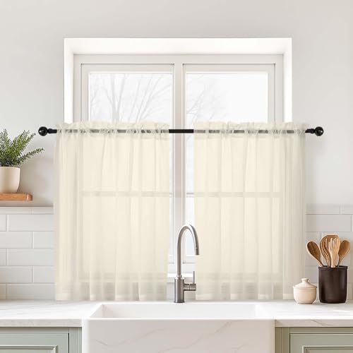 Cream Small Sheer Curtains 2 Panels Set (42"W x 36"L (Pack of 2) / Cream)
