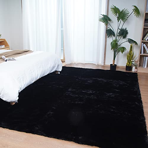 Black 8x10 Area Rug Fluffy Faux Rabbit Fur Rug Black Plush Shag Rug for Living Room Bedroom (Black / 8x10Ft)