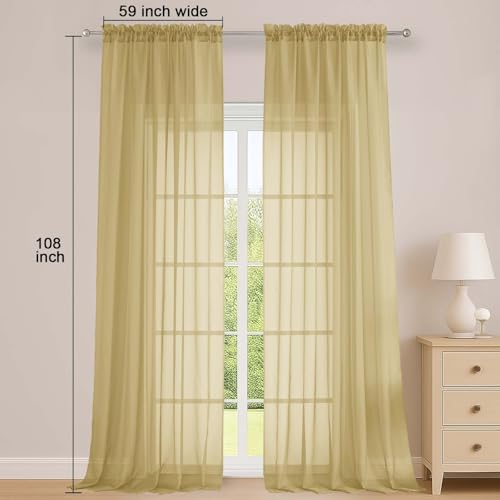 Sheer Gold Curtains 108 Inches Long for Living Room Bedroom 2 Panels Set (Gold / 59"W x 108"L (Pack of 2))