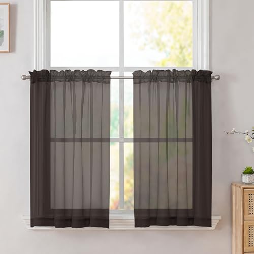 Chocolate Short Sheer Kitchen Curtains 36 Inch Length Tier Rod Pocket Cafe Drapes Half Window for Bathroom Small Windows 42 x 36 Inch (Chocolate / 42"W x 36"L (Pack of 2))