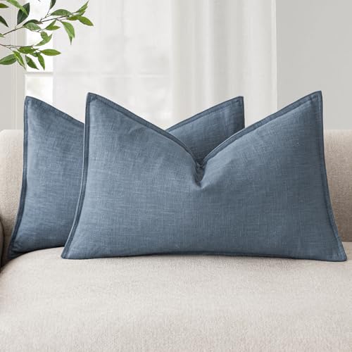 Decorative Linen Lumbar Throw Pillow Covers 12x20 Misty Blue (20" x 12" (Pack of 2) / Spring Lake)