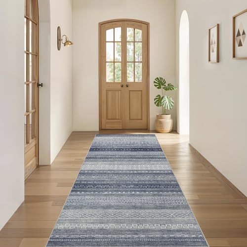 Boho 2x6 Runner Rug Machine Washable Rugs Non Slip Denim Blue (Denim Blue / 2' X 6' (Runner))