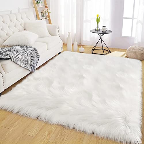 Off White 3x4 Area Rug Faux Sheepskin Fur Rug Washable Furry Rugs for Bedroom Fluffy Rugs for Living Room Dorm Cushion Luxury Home Decor Rectangle (3' x 4' (Rectangular) / White)