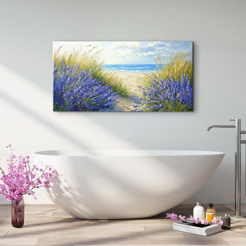 Farmhouse Lavender Wall Art Beach Wall Decor Purple Floral Landscape Pictures Vintage Wildflower Canvas Prints Painting Modern Seascape Artwork for Kitchen Living Room Home Decoration 24x48” (48"L x 24"W / Beach02)