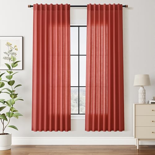 Christmas Red Linen Curtains 72 Inches Long for Living Room Light Filtering Semi Sheer Curtain Back Tab and Rod Pocket Vintage Rustic Luxury Home Decor Neutral Drapes for Bedroom 52x72 (52"W x 72"L (Pack of 2) / Christmas Red)