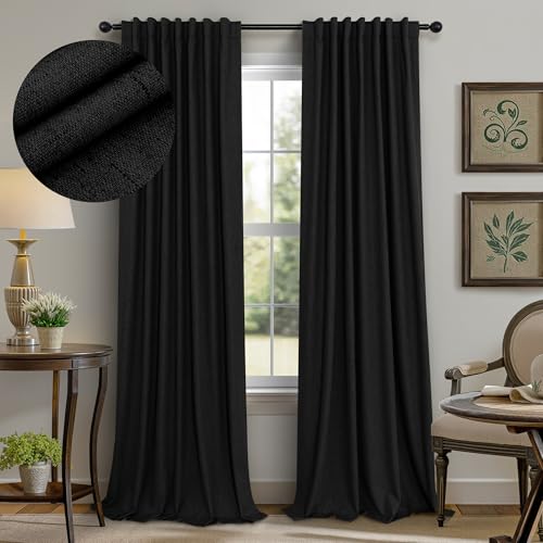 Black Out Curtains 108 Inch Long 2 Panels Gothic Elegant Modern Linen Textured Drapes for Living Room Darkening Summer Heat Winter Cold Blocking 100% Blackout Curtain Window 108 Length Back Tab (Black / 52"W x 108"L (Pack of 2))