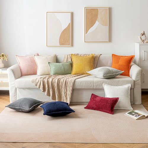 Fall Orange Decorative Throw Pillow Covers for Couch Bed Livingroom 16x16 Inch Set of 2 Boho Accent Throw Pllows Broadside Striped Patchwork Soft Corduroy Pillowcases (Orange / 16" x 16" (Pack of 2))