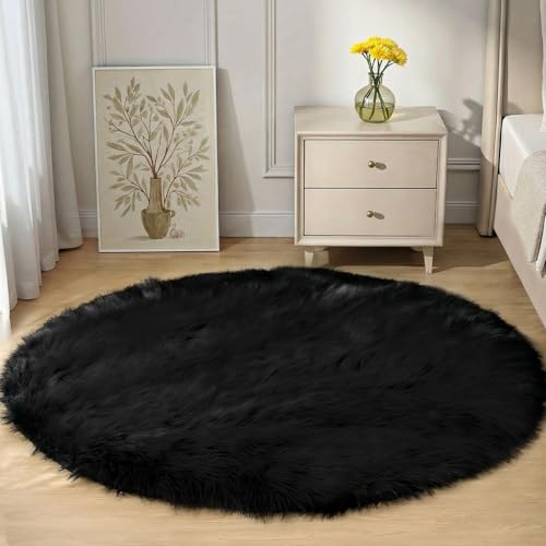 Black Round Rug 4ft Circle Fluffy Fuzzy Furry Rug for Bedroom Living Room Dorm Faux Sheepskin Fur Shaggy (4' (Round) / Black)