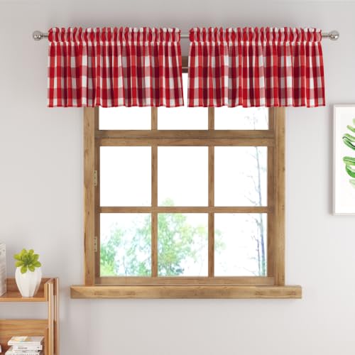 Red and White Short Curtains For Windows Treatment Buffalo Check Plaid Valances Gingham 2 Pack Tiers Rod Pocket Decor Small Curtains Over Sink For Kitchen (34"W x 16"L (Pack of 2) / Red and White)