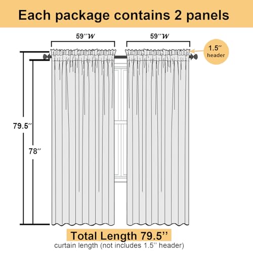 White Sheer Curtains 78 Inches Long 2 Pcs (White / 59"W x 78"L (Pack of 2))