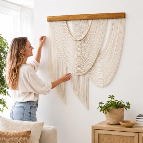 Large Macrame Wall Hanging Boho Tapestry Macrame Wall Art Decor (Beige)
