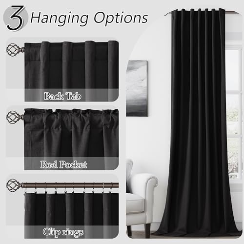 Black 100% Blackout Linen Curtains 102 Inch Length 2 Panels Set for Living Room Bedroom Back Tab Thermal Insulated Black Out Drapes Room Darkening Window Curtains (Black Linen / 52"W x 102"L (Pack of 2))