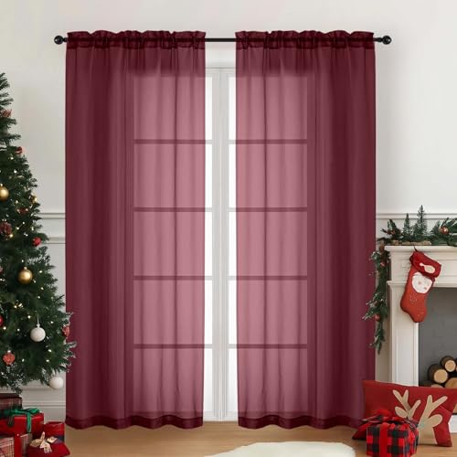 Burgundy Sheer Curtains for Window 72 inches Long 2 Panels (42"W x 72"L (Pack of 2) / Burgundy)