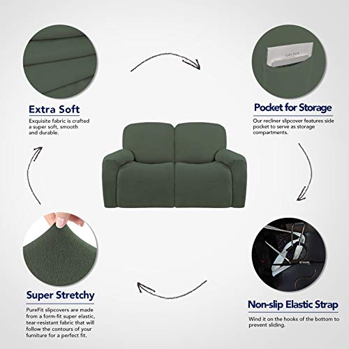Super Stretch Loveseat Recliner Sofa Couch Cover with Pocket (Medium Recliner Loveseat / Grayish Green)
