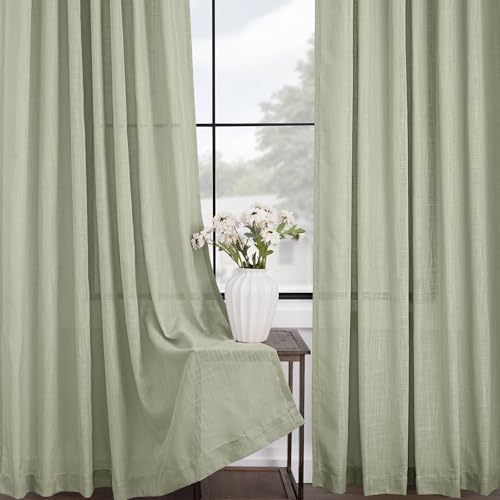 Linen Blend Sage Green Curtains 63 inch Length 2 Panels for Bedroom Back Tab Light Filtering Semi Sheer Drapes Linen Cotton Textured Light Green Airy Modern Farmhouse Living Room Sage Aesthetic Decor (Sage Green / 52"W x 63"L (Pack of 2))