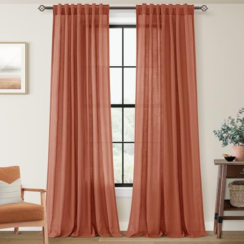 84 inch Linen Terracotta Curtains 2 Panels for Living Room Back Tab Light Filtering Semi Sheer Rust Colored Curtains 84 inches Long Soft Thick Cotton Cloth Textured Rustic Boho Farmhouse Room Decor (Terracotta / 52"W x 84"L (Pack of 2))
