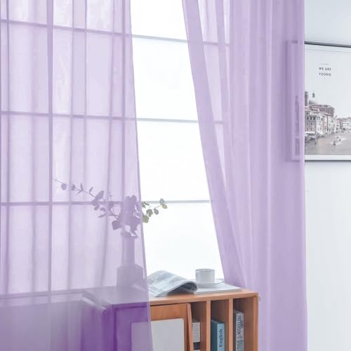 Sheer Voile Window Treatment Rod Pocket Curtain Panels for Kitchen Bedroom Living Room Drapes Sunlight Filtering Privacy Semi Home Decor Assorted (Lavender / 52"W x 90"L (Pack of 2))