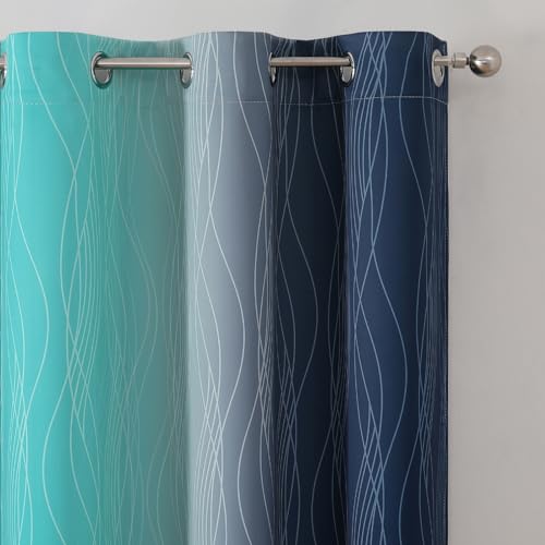 Navy Blue and Teal Gradient Blackout Curtains for Bedroom 54 Inches Long (Navy Blue and Teal / 42"W x 54"L (Pack of 2))