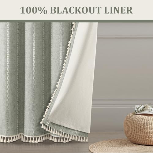 Sage Green Boho Blackout Curtains 84 Inch 2 Panels with Tassels (Sage Green / 52"W x 84"L (Pack of 2))