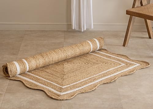 Scalloped Natural Jute Rug Easy Clean Durable Handwoven Rug for Living Room (Off-white / 2' x 10' (Runner))