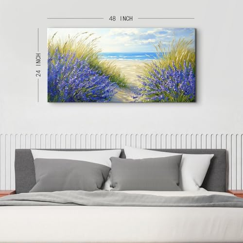 Farmhouse Lavender Wall Art Beach Wall Decor Purple Floral Landscape Pictures Vintage Wildflower Canvas Prints Painting Modern Seascape Artwork for Kitchen Living Room Home Decoration 24x48” (48"L x 24"W / Beach02)