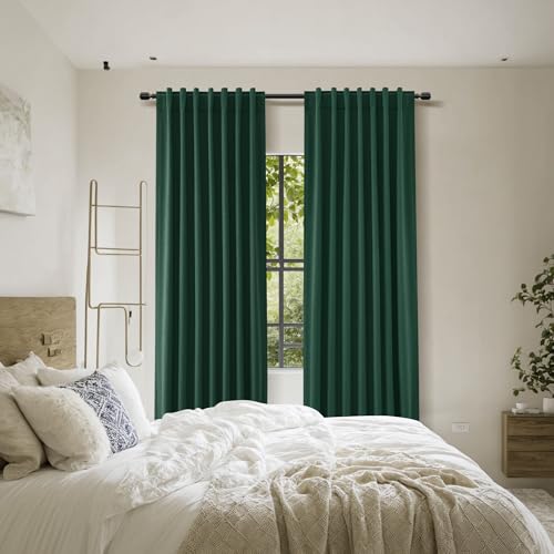 Dark Green 100% Blackout Linen Curtains 84 Inch Length 2 Panels Set for Living Room Back Tab Thermal Insulated Black Out Drapes Room Darkening Farmhouse Style for Bedroom Curtains 52x84 (Dark Green / 52"W x 84"L (Pack of 2))