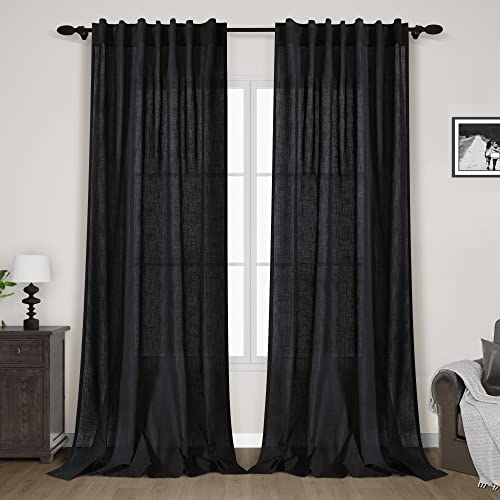Linen Black Curtains 135 inch Extra Long for Living Room Back Tab Light Filtering Semi Sheer Drapes Modern Farmhouse Coastal Decor Cotton Textured Curtain for Floor to Ceiling High Window 52x135 (52"W x 135"L (Pack of 2) / Black)