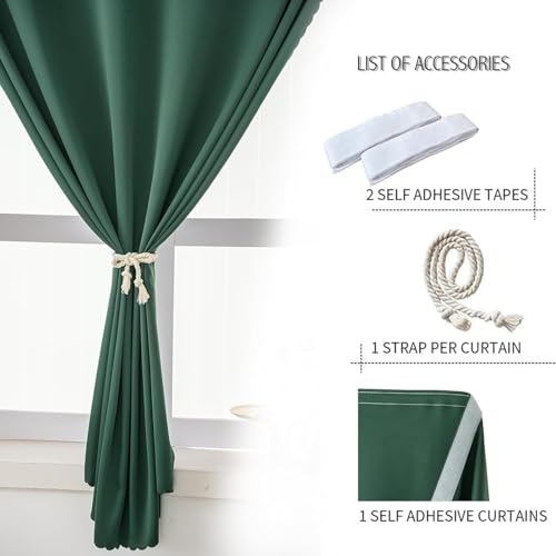 Blackout Curtains for Bedroom Sticky Curtain Blackout Window Cover Self Adhesive Curtains Rod No Drillng (47"W x 96"L (Pack of 1) / Dark Green)
