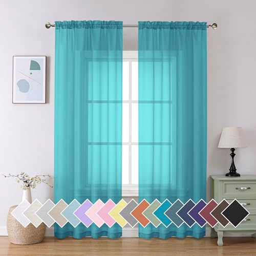 Turquoise Sheer Curtains 84 Inches Long 2 Panels Set (40"W x 84"L (Pack of 2) / Turquoise)