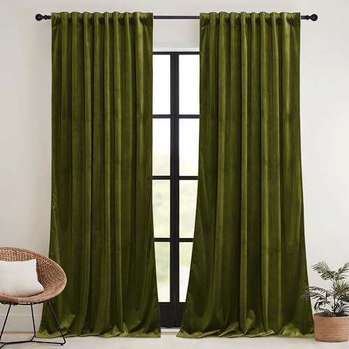 Moss Green Velvet Curtains 63 inches Length with Hook Belt (Moss Green / 42"W x 63"L (Pack of 2))