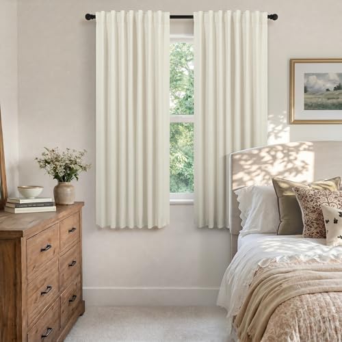 Black Out Burlap Curtains 63 Inch Long Faux Linen Farmhouse Bedroom Blackout Curtain 63 Inches Length 2 Panels Set Energy Saving Noise Reducing Nursery Drape for Bay Window Back Tab Pocket Cream Beige (Linen / 52"W x 63"L (Pack of 2))