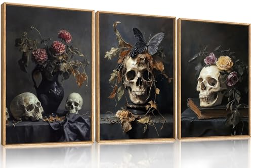 Large Vintage Skull Halloween Floral Framed Canvas Wall Art Set (Skull Halloween Framed Wall Art / 24"L x 16"W)