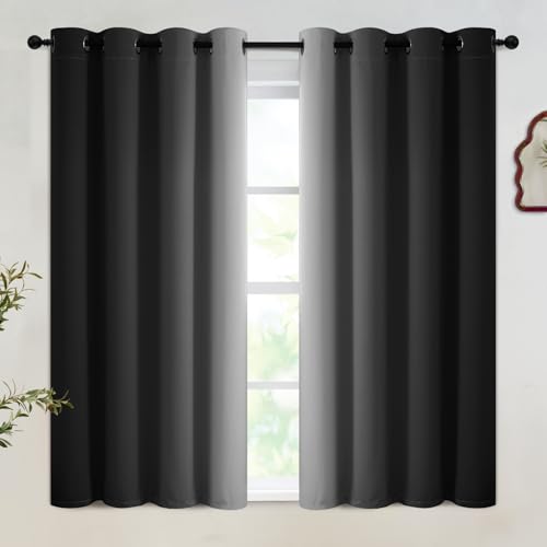 100% Blackout Ombre Bedroom Curtains Black and Greyish White (52"W x 45"L (Pack of 2) / Black White)