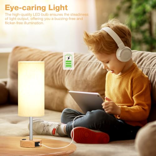 Bedside Table Lamp for Bedroom (Cream Shade-Wood Base / 14")