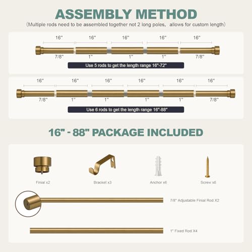 Warm Gold Curtain Rods for Windows 48 to 84 Inches Adjustable Length Heavy Duty 1" Diameter Brass Window Curtain Rod with Solid Metal Finials for Outdoor Farmhouse Bedroom Kitchen Living Room (Warm Gold / 16"-88"|1 Pack)