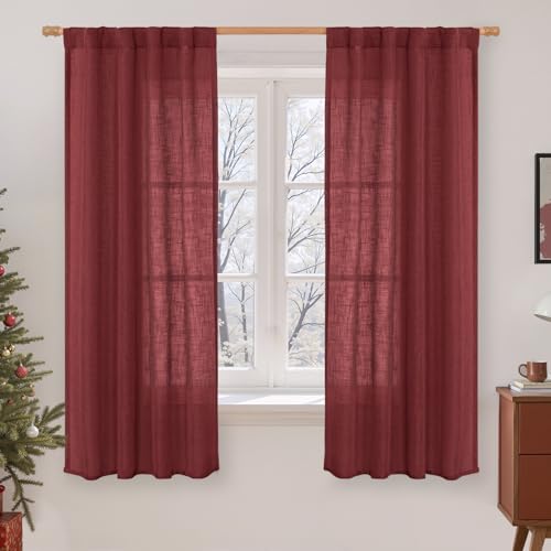 Burgundy Red Semi Sheer Window Linen Curtains 63 Inch Length (Burgundy Red / 34"W x 63"L (Pack of 2))