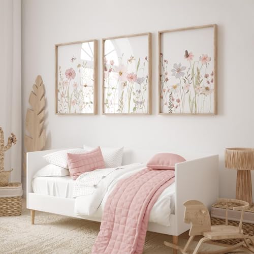 Wildflower Nursery Wall Art Pink Watercolor Floral Painting Baby Girl Nursery Canvas Wall Decor Vintage Botanical Flower Picture Boho Wildflower Prints for Bedroom 12x16x3 Inch Unframed (12x16 Inch Unframed / Pink Flowers Prints)