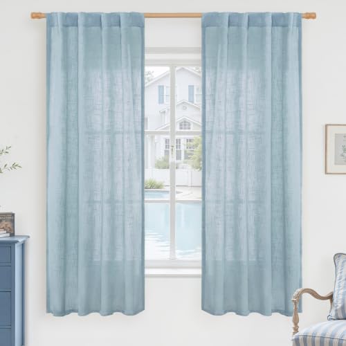 Stone Blue Semi Sheer Window Linen Curtains 63 Inch Length (Stone Blue / 34"W x 63"L (Pack of 2))
