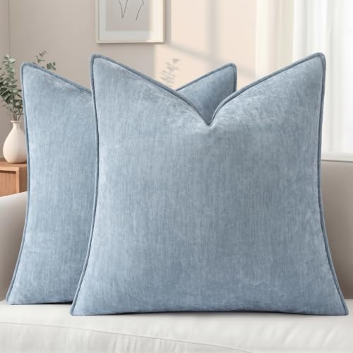 Chenille Light Blue Velvet Throw Pillow Covers 22x22 Set of 2 (Light Blue / 22" x 22" (Pack of 2))