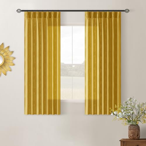 Mustard Yellow Pinch Pleated Linen Sheer Curtains 45 Inch Length 2 Panels (Mustard Yellow / 40"W x 45"L (Pack of 2))