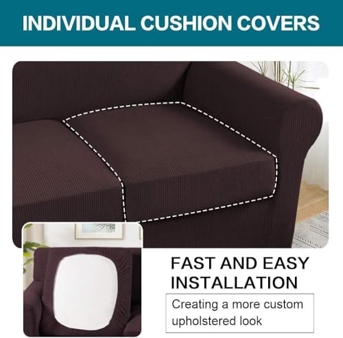4 Piece Sofa Covers for 3 Cushion Couch Sofa Slipcover Soft Couch Cover for Dogs Washable Furniture Cover with 3 Individual Large Cushion Covers Feature Fabric (L Sofa (3 Cushion) / Brown)