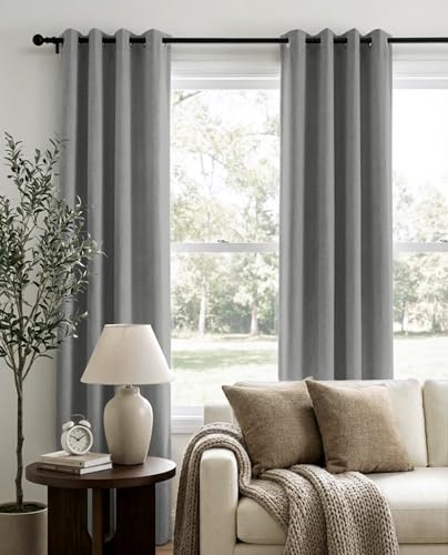 Total Blackout Curtains Faux Linen Textured Thermal Insulated Grommet Singal Layer Window Curtains for Bedroom (Fog | Grey / 50"W x 63"L (Pack of 2))
