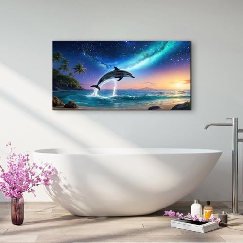 Blue Ocean Wall Art Dolphin Pictures Wall Decor Colorful Galaxy Nebula Starry Canvas Prints Painting Palm Tree Poster Modern Animal Seascape Artwork for Bedroom Living Room Home Decoration 24x48” (48"L x 24"W / Galaxy)