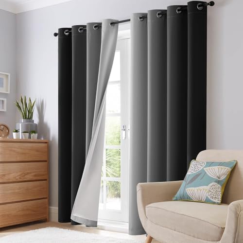 Ombre Black 100% Blackout Bedroom Curtains with White Liner 84L (52"W x 84"L (Pack of 2) / Black With White Back)
