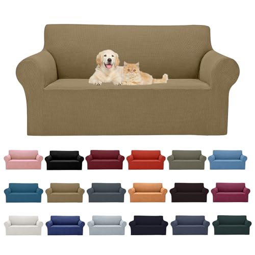 2026 New Stretch Loveseat Sofa Slipcovers Couch Cover for 2 Cushion Furniture Protector Sofa Covers with Elastic Bottom Jacquard Fabric Small Checks for Pets (Tan / Loveseat)