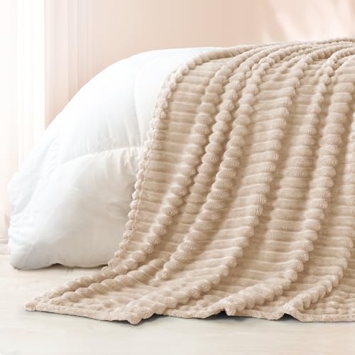 Striped Fleece Throw Blanket for Couch (Beige / Throw ( 50x60 IN ))