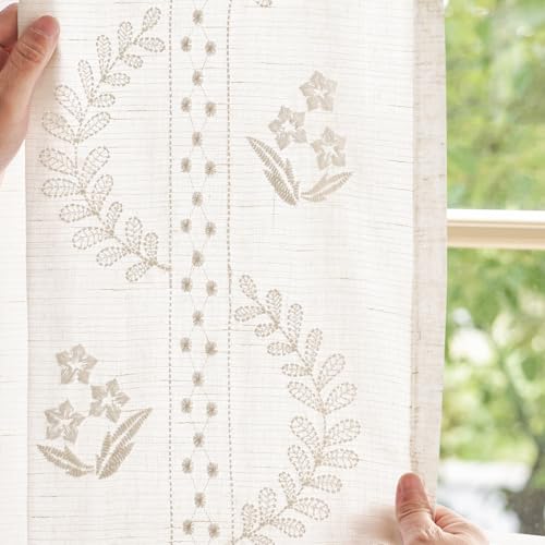 Floral Linen Curtains 96 Inch Farmhouse Back Tab 2 Panels (Off White / 50"W x 96"L (Pack of 2))
