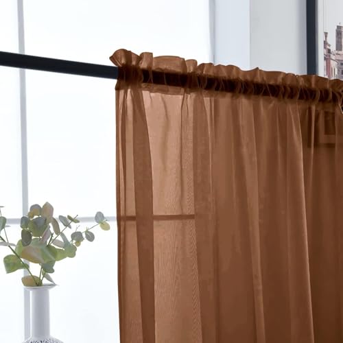 Brown Sheer Curtains 4 Panels Rod Pocket Semi (Brown / 52"W x 45"L (Pack of 4))