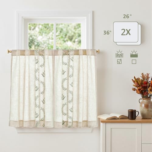 Green Floral Linen Kitchen Tier Curtains 36 Inch (A| Sage / 26"W x 36"L (Pack of 2))