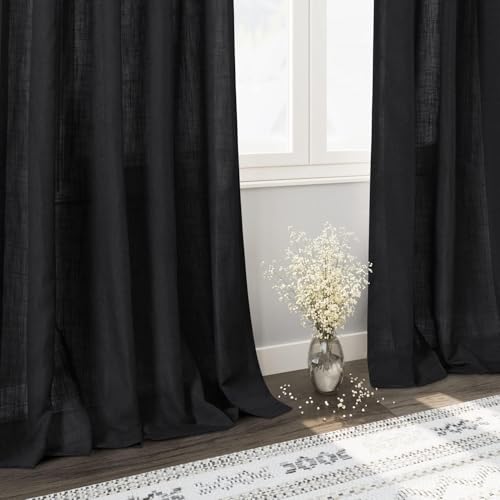 Black Linen Curtains 90 Inches Long for Living Room Back Tab and Rod Pocket Semi Sheer Privacy Curtains Simple Modern Cotton Textured Curtain for Bedroom 70x90 (70"W x 90"L (Pack of 2) / Black)